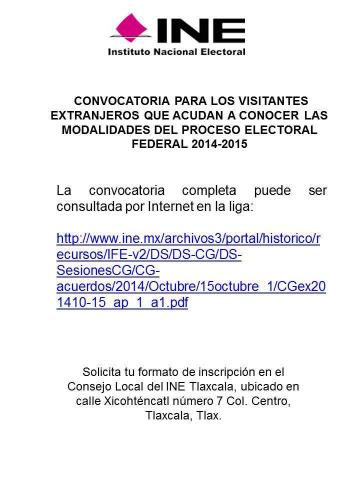 Emite INE convocatoria para los visitantes extranjeros que acudan a conocer las modalidades del PEF 2014-2015