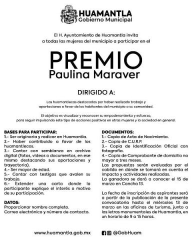 Convoca ayuntamiento de Huamantla al Premio Paulina Maraver 2024