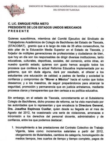 Pide STACOBAT intervención de EPN para destituir a Josefina Espinosa