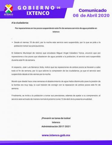 Por reparación en pozos suspenderán servicio de agua potable en Ixtenco