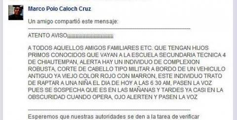 Alertan sobre presunto robachicos en la técnica 4 de Chiautempan