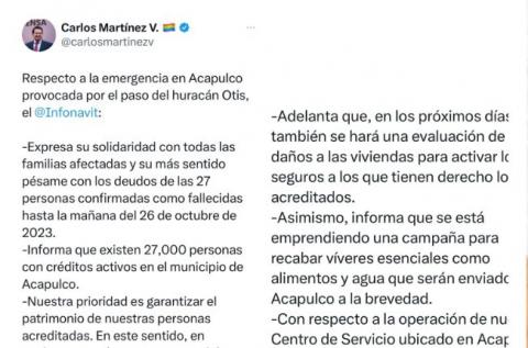 Infonavit expresa su apoyo a las y los damnificados ante el paso del Huracán Otis