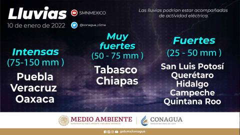 Hoy lunes, se esperan lluvias puntuales intensas en Oaxaca, Puebla y Veracruz, y muy fuertes Chiapas y Tabasco