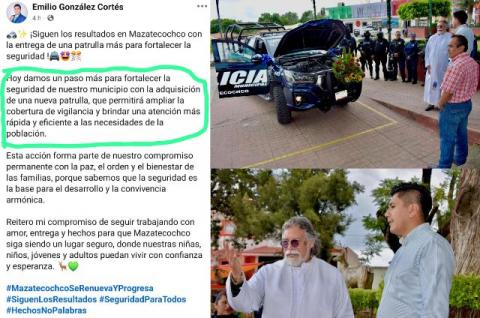 Presume alcalde de Mazatecochco la entrega de supuesta patrulla nueva con placas sobrepuestas
