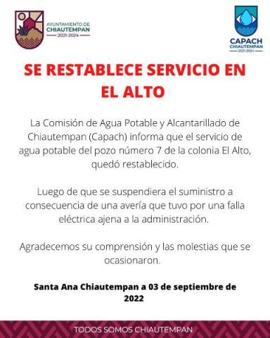 Restablece Capach servicio de agua en El Alto