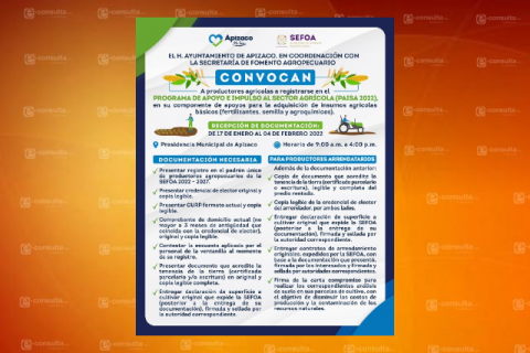 Convoca ayuntamiento de Apizaco a participar en el programa PAISA 2022