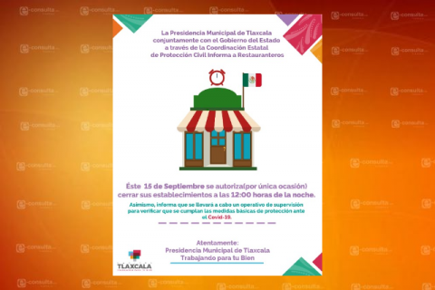 Podrán restaurantes funcionar hasta las doce de la noche el 15 de septiembre