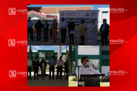 Eleazar Molina entrega tres techumbres a escuelas en Tetla