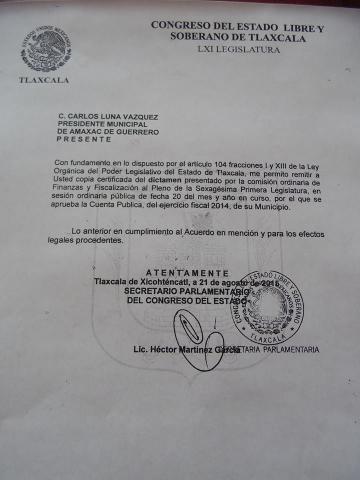 Recibió Ayuntamiento de Amaxac copia certificada de aprobación de la cuenta pública 2014
