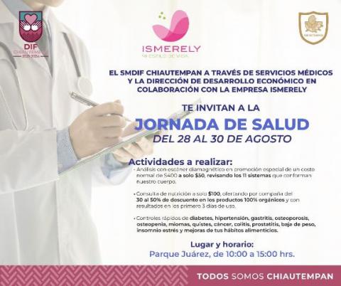 Invita SMDIF Chiautempan a Jornadas de salud, del 28 al 30 de agosto