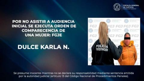Por no asistir a audiencia inicial se ejecuta orden de comparecencia de una mujer: FGJE