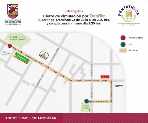 Anuncia Ayuntamiento de Chiautempan cierre de vialidades por desfile del Pentathlon Deportivo