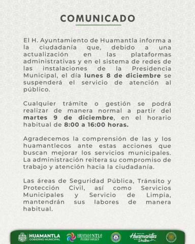Suspenderán servicio de atención al público en la Presidencia Municipal de Huamantla
