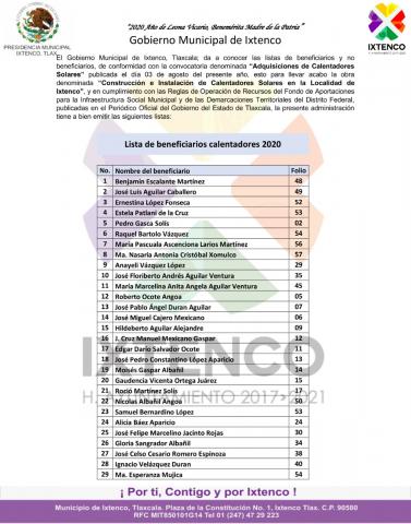 Pública Ayuntamiento de Ixtenco listas de beneficiarios del programa de Calentadores Solares 2020 imagen 2
