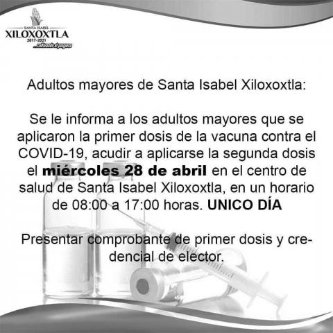 Llega a Xiloxoxtla la segunda dosis de la vacuna contra el Covid – 19