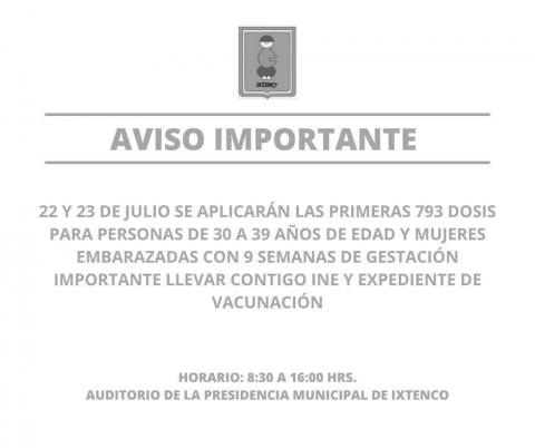 Llega a Ixtenco la vacuna 30 - 39 años contra el nuevo coronavirus