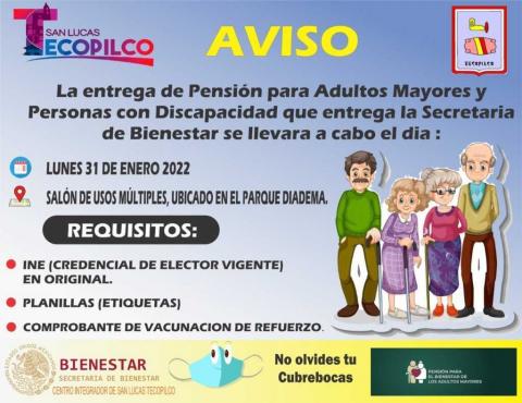 El 31 de enero entregan apoyos a personas adultas y discapacitados en Tecopilco