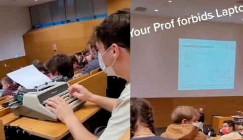 Universitario desafía las normas escolares al llevar su máquina de escribir en lugar de laptops