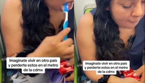 En el metro de la CDMX captan a una mujer cepillándose los dientes a contrarreloj