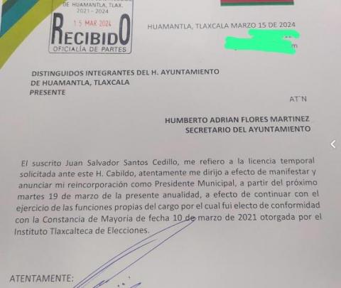 Solicita Salvador Santos su reincorporación como alcalde de Huamantla