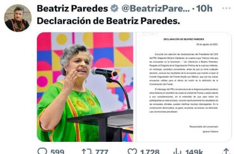 Niega Beatriz Paredes que vaya a declinar