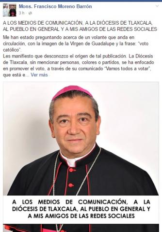 Desconoce Obispo Moreno Barrón panfleto de Voto Católico