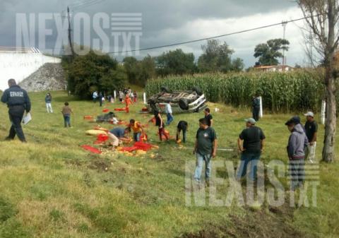 Vuelca camioneta con pollos y vecinos hacen rapiña, en Panotla imagen 2