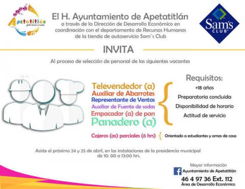 Oferta empleo Sam´s Club, para laborar en “Gran Patio” Apetatitlán