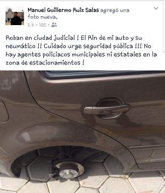 Denuncian robo de llanta de automóvil en Ciudad Judicial