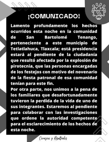 Alcalde Tetlatlahuca manifiesta su respaldo a familias afectadas por explosión