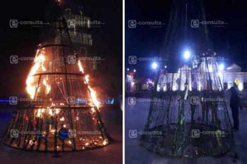 El Grinch de Ixtenco quema Árbol de Navidad a unas horas que fuera encendido imagen 1