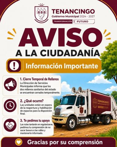 Recomendaciones para el servicio de recolección de basura, en Tenancingo