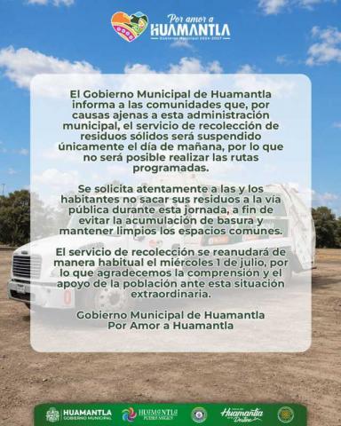 Gobierno Huamantla informa suspensión temporal del servicio de recolección de residuos en comunidades