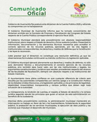 Gobierno de Huamantla fija postura ante dictamen de la Cuenta Pública 2025